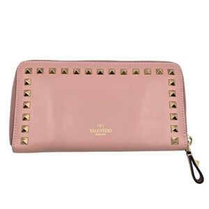 Valentino‎ Garavani Pink Leather Studded Zip Around Wallet Authentic